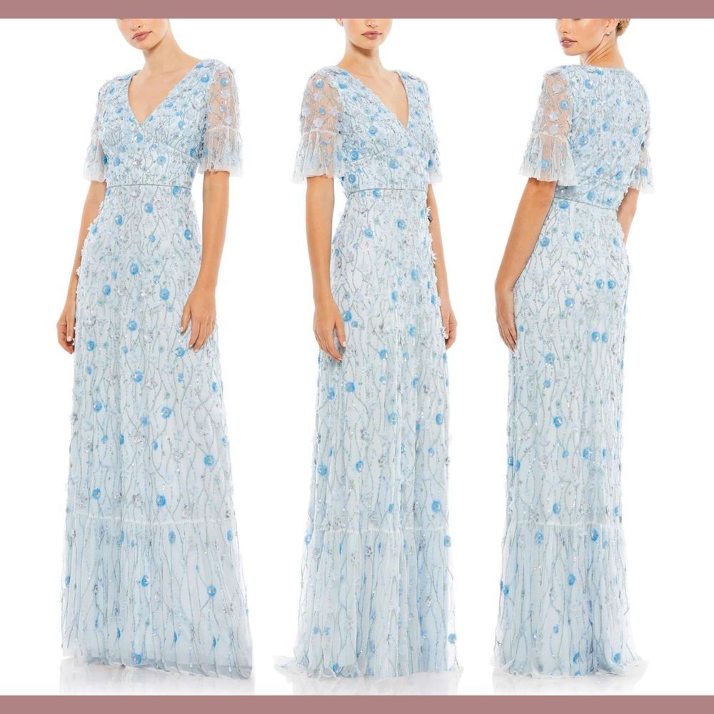 NWT Mac‎ Duggal [ 4 ] 35110 Embellished V Neck Empire Waist Ruffle Hem Gown Blue